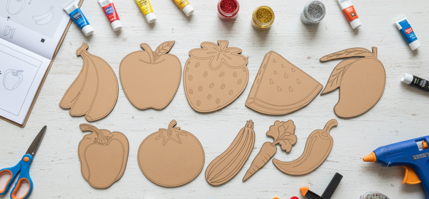 Pre-Marked MDF Fruits & Vegetable Cutouts (10 Pcs) – DIY Wooden Shapes for Painting, and Kids' School Projects – Set of 10 Unique Cartoon Animals (Fruits & Vegetable Pre-Marked Kit)