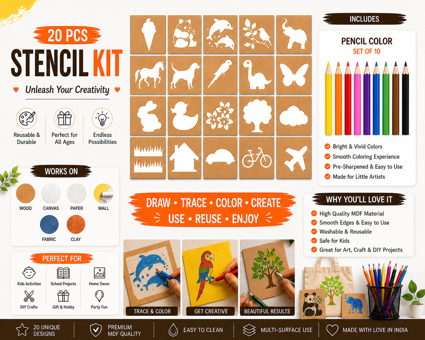 Drawing Stencil Art & Craft Kit (20 Designs) for Kids & Adults | Animal, Nature & Vehicle Stencils | DIY Drawing & Coloring Kit with Pencil Colors & Pens | School Projects, Hobby & Return Gifts